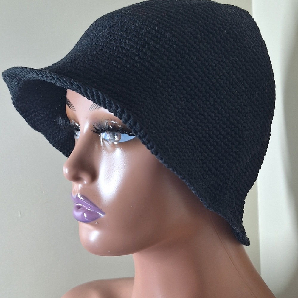 Handmade Crochet Black Bucket Hat Women One Size